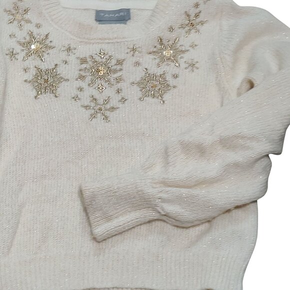Tahari Girls 4T Ivory Knit Sweater Gold Snowflake Sequin Beaded Holiday Winter - Picture 6 of 8